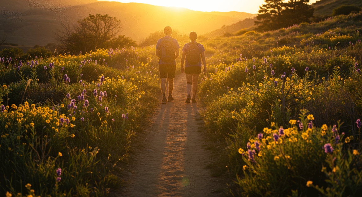 A man and a woman walking together on a country road surrounded by low vegetation and trees, under a bright, peaceful sky
