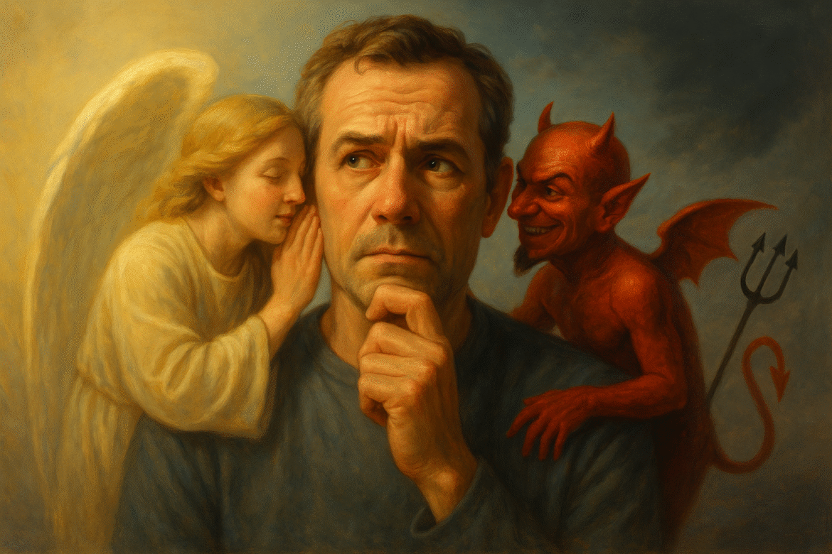 A thoughtful man with a doubtful expression, with an angel whispering on his right and a little devil on his left, symbolizing the spiritual struggle between good and evil.