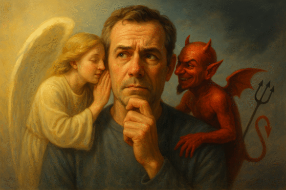 A thoughtful man with a doubtful expression, with an angel whispering on his right and a little devil on his left, symbolizing the spiritual struggle between good and evil.