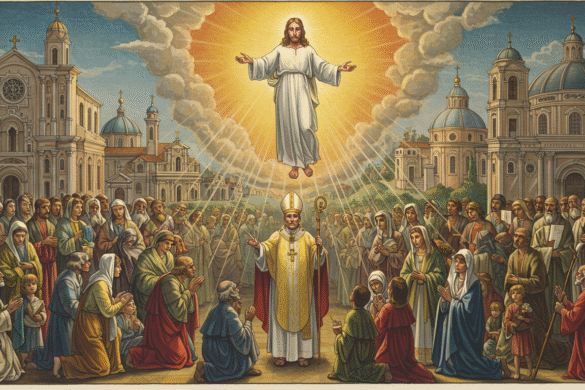 Jesus blessing the people gathered around the Pope in front of churches from different styles, representing the Catholic Church as universal, apostolic, and in communion with Christ.