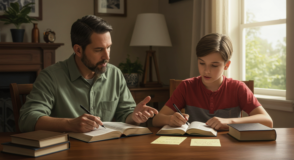 Catholic father and son studying the Catechism of the Catholic Church and the Holy Bible together at a table in a cozy, well-lit setting.