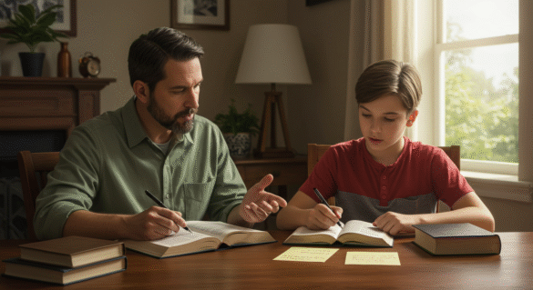 Catholic father and son studying the Catechism of the Catholic Church and the Holy Bible together at a table in a cozy, well-lit setting.