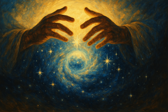 Divine hands embracing a star-filled universe, symbolizing God as the Creator of all things, in an artistic style with warm colors and soft brushstrokes.
