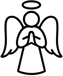 Minimalist icon of an angel with hands in prayer, representing the Guardian Angel Prayer, on a transparent background.