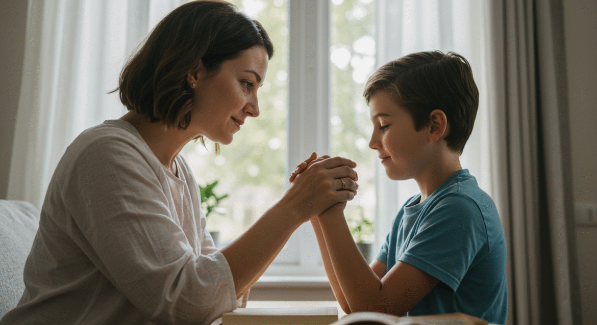 Catholic mother teaching her son to pray at home, gently holding his hands together in prayer.