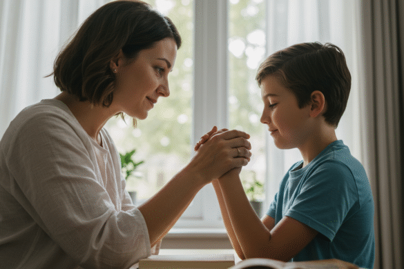 Catholic mother teaching her son to pray at home, gently holding his hands together in prayer.