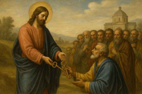 Classic painting depicting Jesus giving two crossed keys to Saint Peter, who kneels in reverence, with other apostles in the background and a church building in the distance. Symbol of the foundation of the Catholic Church.