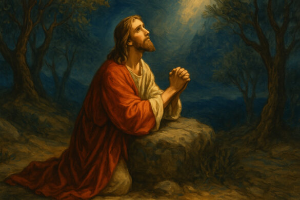 Jesus kneeling in prayer at the Garden of Gethsemane, gazing toward the sky with a serene expression, surrounded by trees and softly illuminated. Classic-style painting with a contemplative atmosphere.