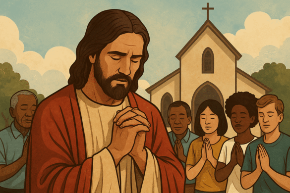 Illustration with colorful icons representing the seven sacraments of the Catholic Church in a circular layout. At the center is the Eucharist, surrounded by symbols for Baptism, Confirmation, Penance, Anointing of the Sick, Holy Orders, and Matrimony.