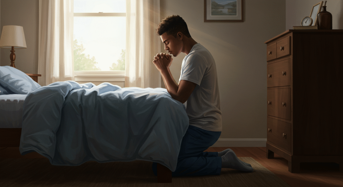 A young brown-skinned man kneeling beside his bed in silent prayer as sunlight enters through the window; a serene scene symbolizing the importance of daily prayer in Christian life.