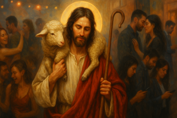 Jesus, the Good Shepherd, carries a sheep on His shoulders while walking through scenes of modern life—people distracted by cellphones, couples in sensual closeness, and parties—symbolizing sin and the distance from God.