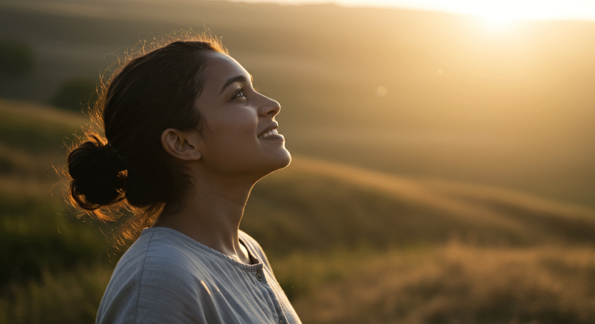 Young woman smiling and looking up peacefully at the sunset in a field, symbolizing hope, renewal, and a fresh start in faith.