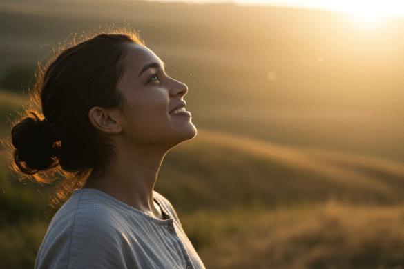 Young woman smiling and looking up peacefully at the sunset in a field, symbolizing hope, renewal, and a fresh start in faith.