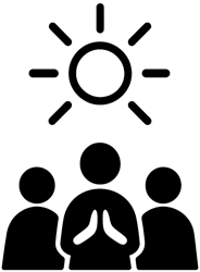 Minimalist silhouette of three people and a sun, symbolizing praise to the Holy Trinity in the Glory Be prayer, on a transparent background.