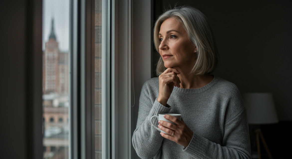 Middle-aged woman with a thoughtful expression, holding a cup of coffee while looking out at the city from her home window, symbolizing a quiet and intimate moment of reflection about who Jesus is to her.