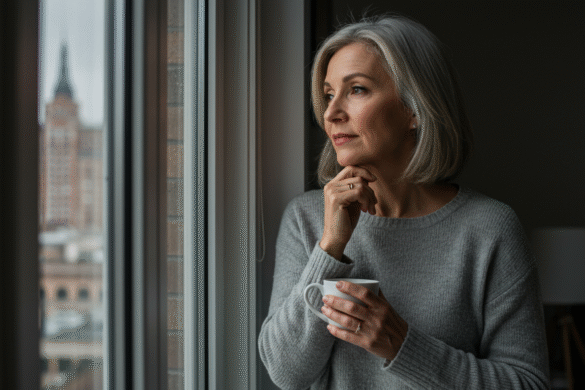 Middle-aged woman with a thoughtful expression, holding a cup of coffee while looking out at the city from her home window, symbolizing a quiet and intimate moment of reflection about who Jesus is to her.
