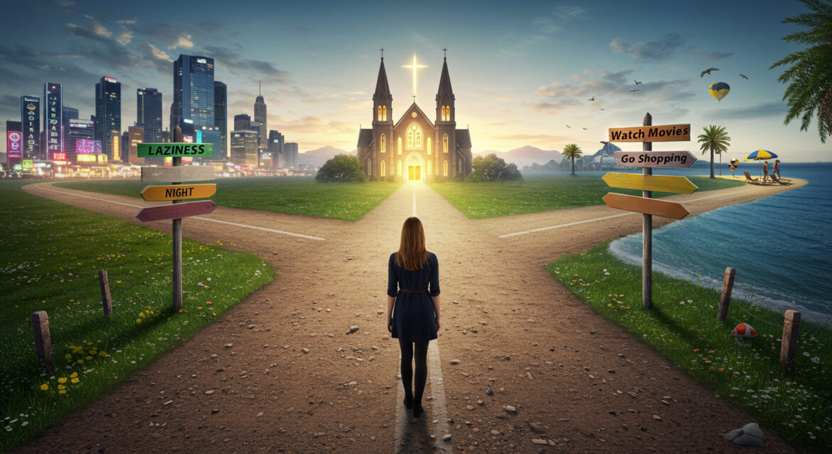 A woman stands at a crossroads facing three paths: one leading to a glowing Catholic church, and the others toward a city and a beach, with signposts reading “Laziness,” “Night,” “Watch Movies,” and “Go Shopping.