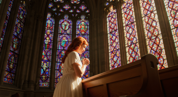 Young Catholic woman kneeling in prayer inside a church lit by stained glass